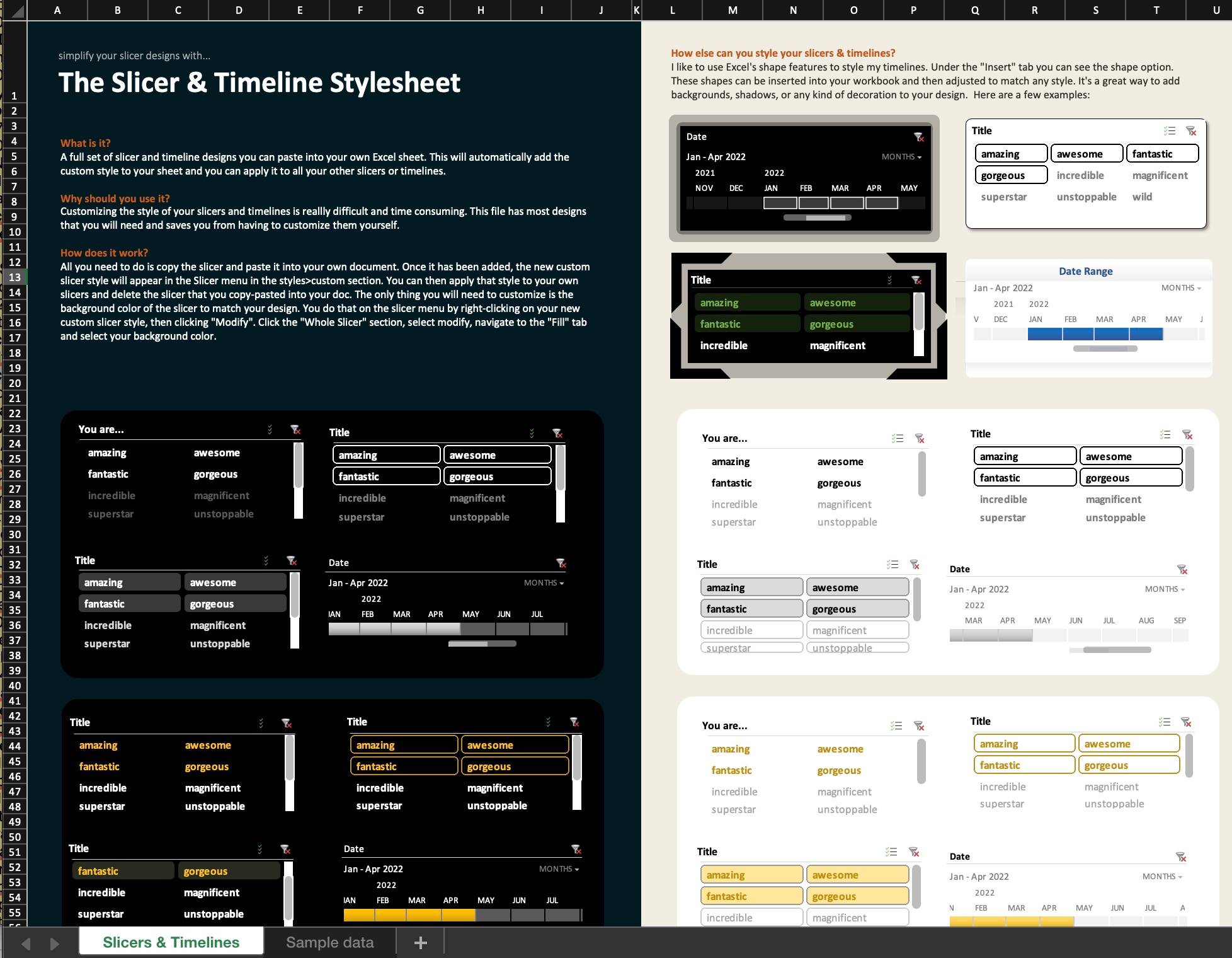 Examples of slicer styles in the Slicer Stylesheet workbook.