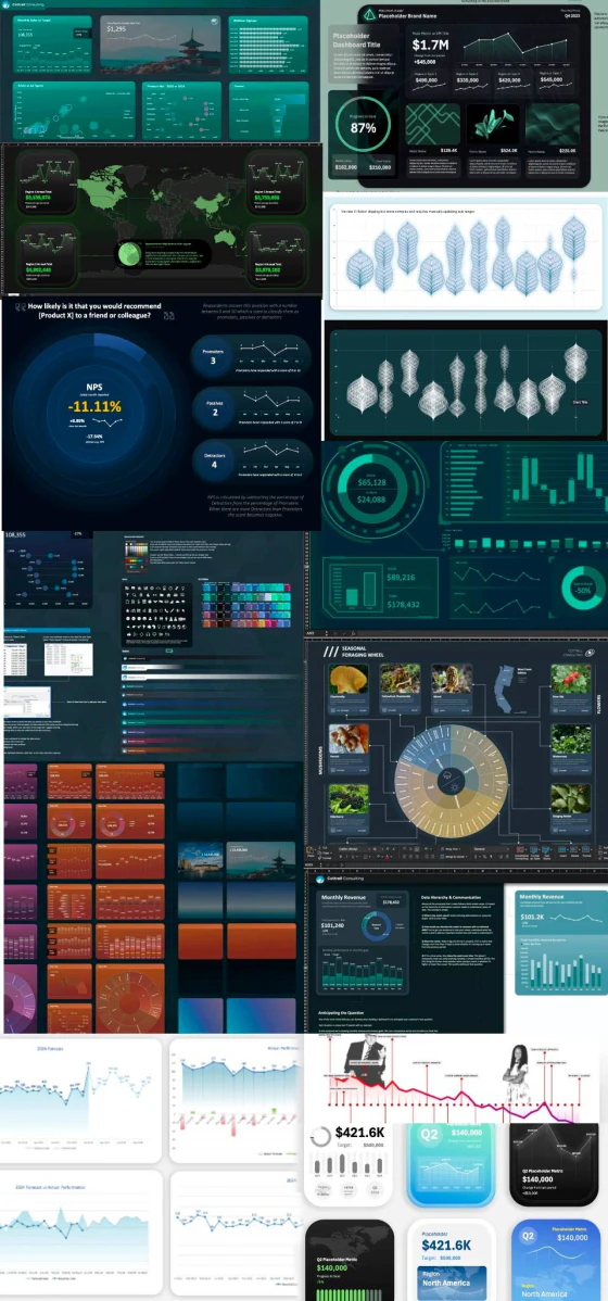 Collage of Dashboard Toolkit dashboards, charts, infographics, slicers, and visual styles