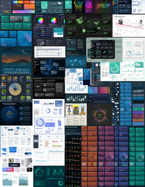 Collage of Big Excel Energy dashboards, charts, guides, and Excel visual-design files