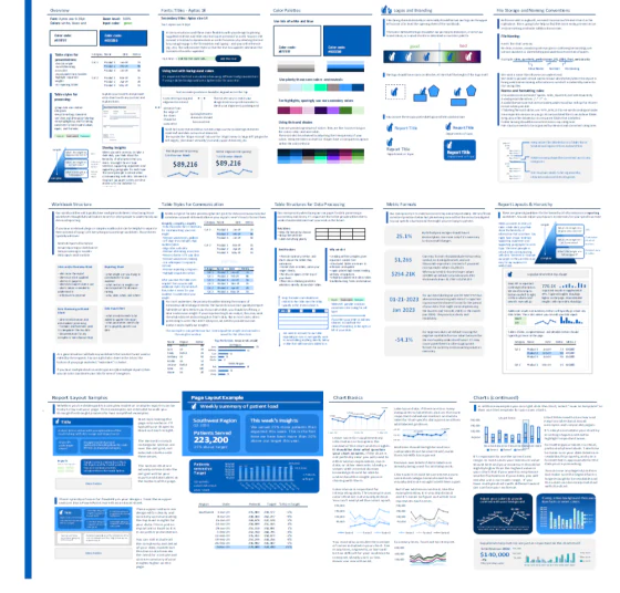 Overview of the Excel Theme Guide covering themes, typography, color, layout, tables, metrics, and charts