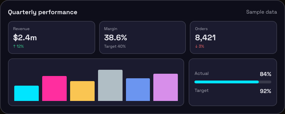 Dark Screen dashboard palette applied to sample KPI cards and six chart-category colors