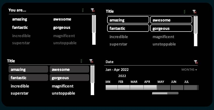 Three styled Excel slicers and a timeline control, showing selected options highlighted and unselected ones dimmed