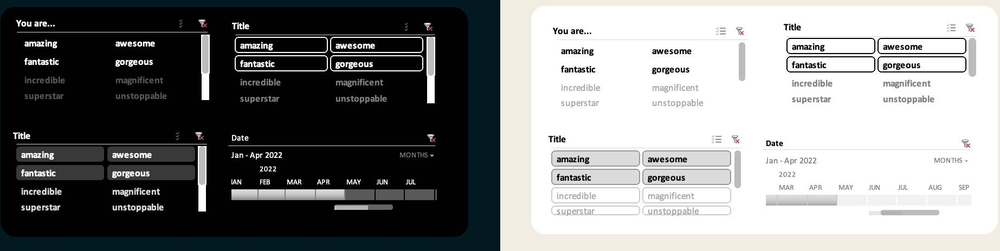 The same Excel slicers and timeline shown twice, once styled for a dark palette and once for a light palette